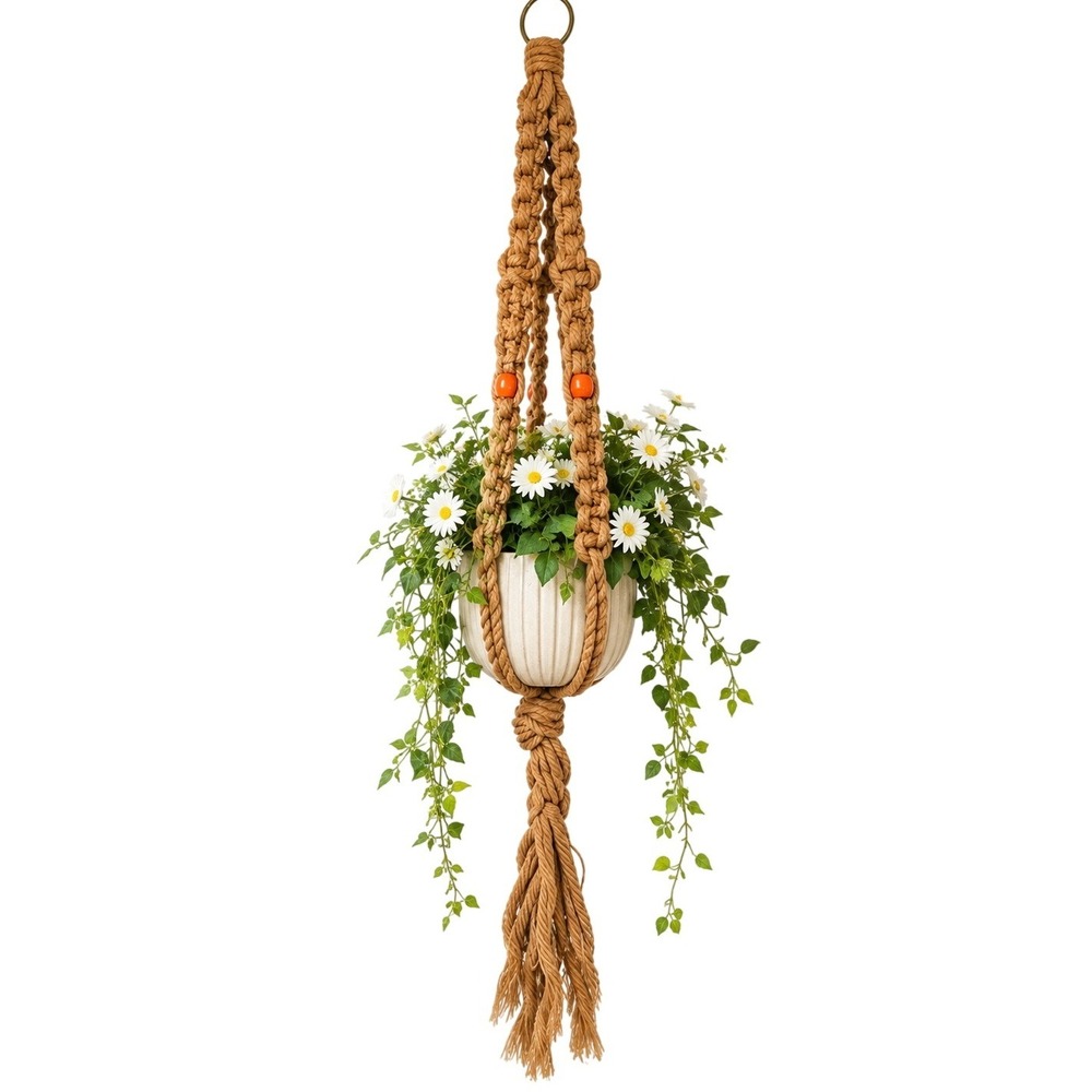 Macramé Plant Holder 70s Retro Boho Hanging Planter with Wood Beads One Size